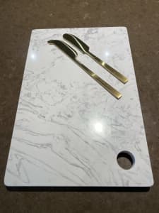 White marble cheese board set, brass utensils, new