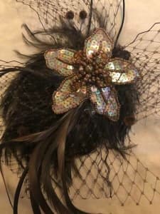 Lace & Feather beaded Fascinator with strap and comb