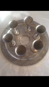Medieval-like 7 Piece Metal Drink and Tray Set