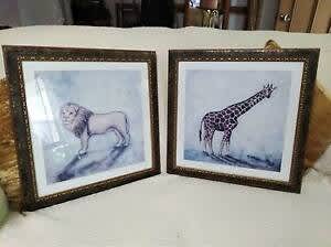 PAIR African Animal Art Prints by Alexandra Churchill. Ornate frames
