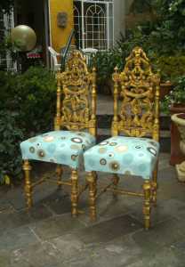2 Antique Hall Chairs – Whimsical, Cute, Gold and Gothic