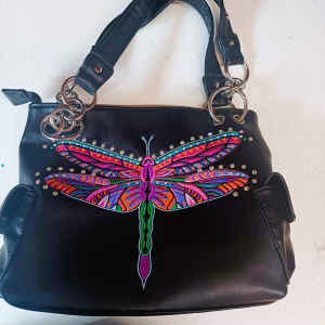 T/S black handbag with bright embroidered dragonfly / diamantes