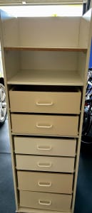 White tall boy -drawers and shelves