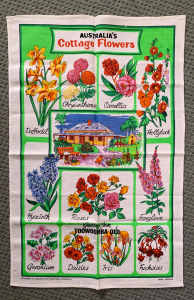 Vintage Toowoomba Australian Cottage Flowers tea towel-54% linen, 46%c