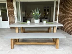 Modern Industrial concrete timber Dining setting, bench seats 8