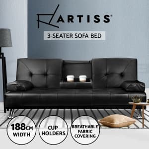 Sofa Bed Lounge Futon Couch Leather 3 Seater Cup Holder New