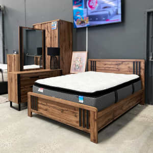 Industrial Style Vento Wooden Bed Frame FROM $370, Bedside $150