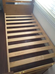 Solid hard wood single bed frame with sturdy wooden slats