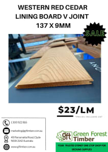 Western Red Cedar lining board V JOINT 137 x 9 mm Indoor Use