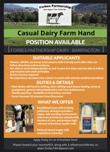 Casual Dairy Farm Hand Position Available