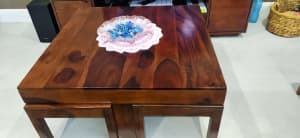 Solid Acacia wood center/coffee table with 4 small stools