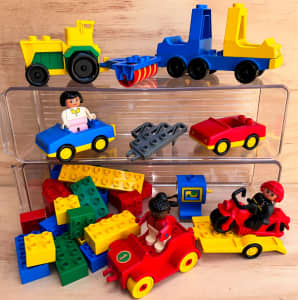 Vintage Lego DUPLO farm vehicles tractor, ploughs, bike, cars, figures