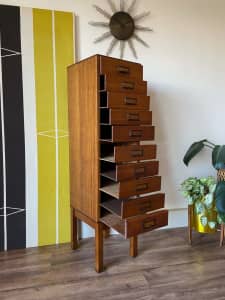 Tall Vintage Antique 10 Drawer Timber A4 Specimen Filing Cabinet