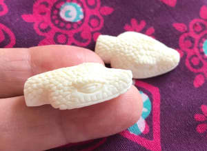 White Snake Head Beads in Carved Bone 28mm Earring Pair Undrilled