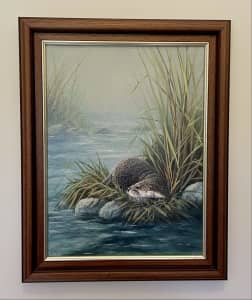 Mike Nance Oil Painting - River Otter in Grass Reeds 39cm x 49cm