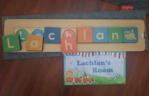 Lachlan name personalised puzzle, door sign and library bag