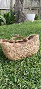 Woven carry basket/ bag with suede handles