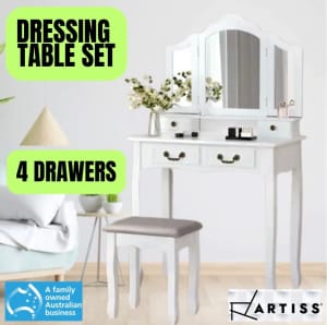 Dressing Table Mirror Stool Set 4 Drawers (White) - Pickup / Delivery