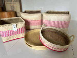 Rattan woven storage baskets, tray and round wooden tray