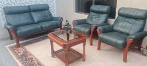 Vintage racing car geen 3 piece leather lounge with wood frame,