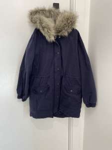 Size 9 - lined hooded, navy blue parka anorak jacket coat