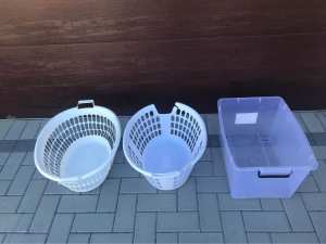 1 storage tub + 2 plastic laundry baskets