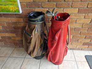 2 x Leather Golf Bags and 5 Golf Clubs