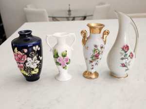 Set of 4 Vintage Vases Hand Painted Raised Pattern Bone China