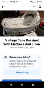 Vintage bassinet with mattress, linen, mozzie net, bumper