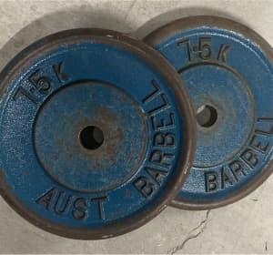2 x 7.5kg AUSTRALIAN BARBELL COMPANY GYM WEIGHT PLATES 