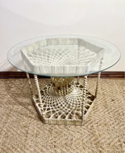 Retro 70s Macrame side table plant stand round glass top boho