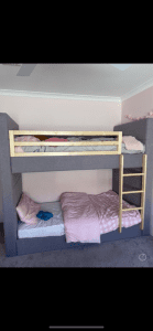 Grey fabric bunk bed as new with two new mattresses. Single size