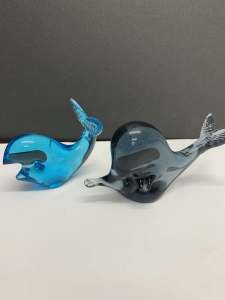 2 x Glass Whales (11cm & 7cm length) perfect condition