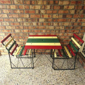 RETRO TIMBER & CAST IRON TABLE & CHAIRS