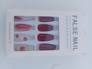 Long Pink White Floral Stick-On Nails