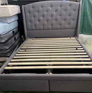 Excellent queen wooden fabric bed frame with bed head foot drawers