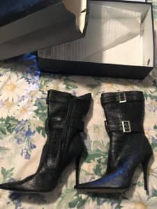 Sexy Stiletto DateNight Black Buckle Up Faux Croc VERALI boots Cost$90