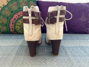 Above Ankle Cream & Brown Point Toe Dress Boots