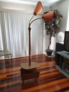 VINTAGE 60s TWIN GOOSENECK FLOOR LAMP with MAGAZINE RACK