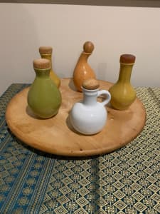 Stoneware Jugs (Five) and Wooden Pine Lazy Susan
