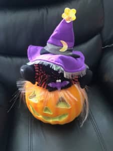 Happy Hauntings Russ Fiber Optic Pumpkin & Moveable Cat Halloween
