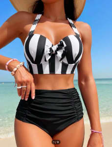 Size 14 - Ladies Striped Ruched Push Up Bikini Swimsuit - BNWT