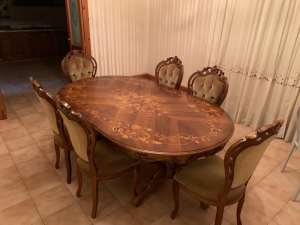 Antique Italian solid timber extendable dining table with 8 chairs