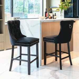 2X Velvet Bar Stools with Studs Trim Wooden Legs Tufted Dining Chairs