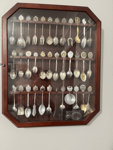Vintage Silver Souvenir Spoons etc in Timber & Glass Cabinet Ex Cond.