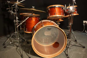 Custom Drum Kit, mahogany shells Tassie oak hoops & silky oak snare