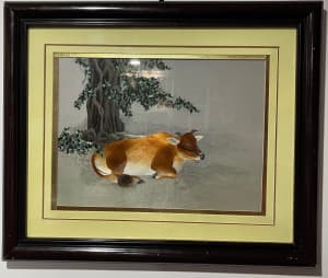Chinese Silk Tapestry Embroidered Art Picture of an Ox Framed