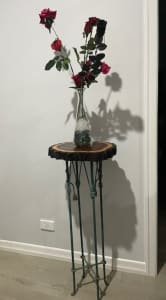 Vintage Wrought Iron tall plant stand with a wood round on top
