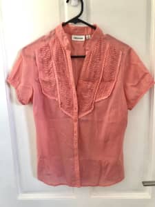 Sussan coral light cotton linen button up short sleeve blouse size 8