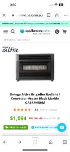 Omega Altise Brigadier Radiant / Convector Heater Black Marble 